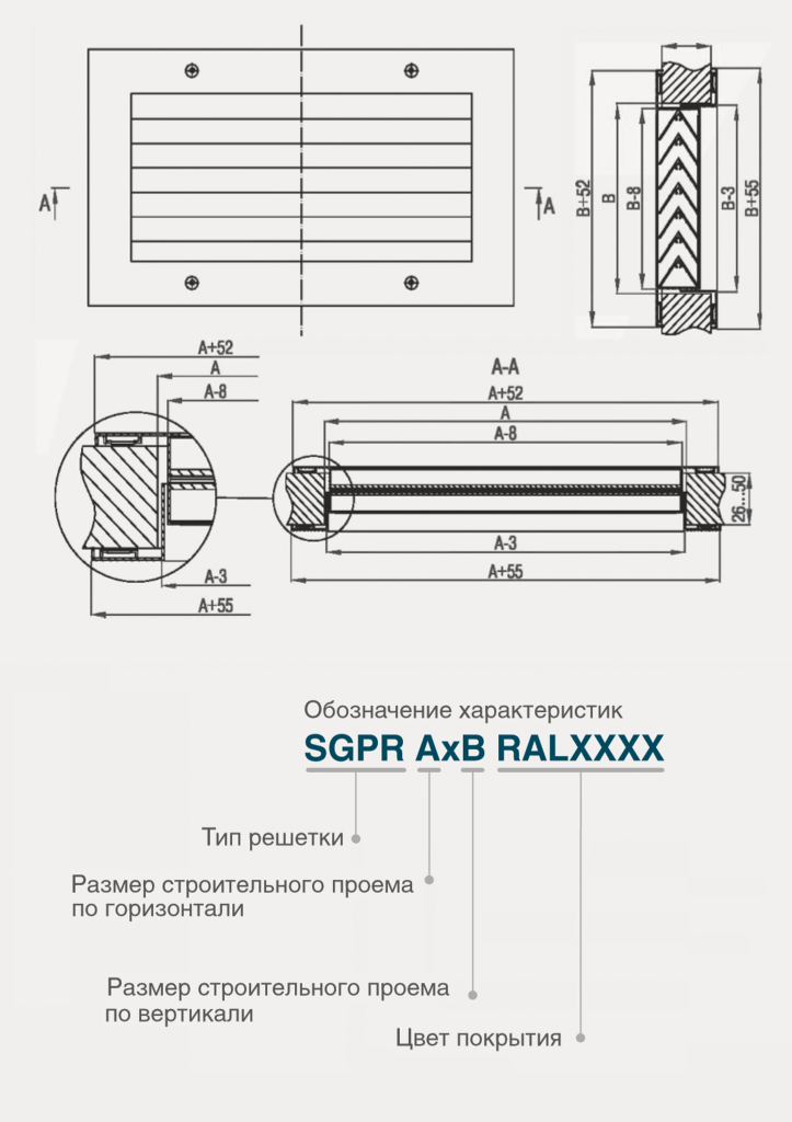 Размеры переточной алюминиевой решетки SGPR