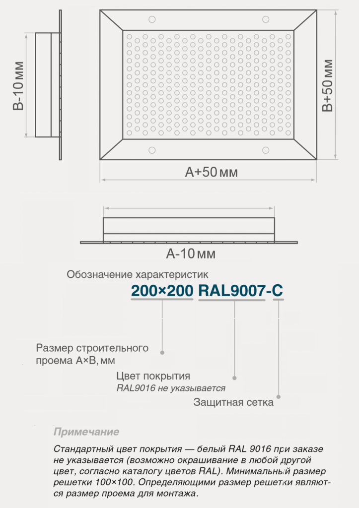 Размеры настенной перфорированной алюминиевой решетки SGP