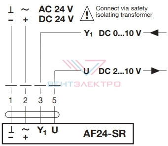Схема электрического подключения электропривода AF24-SR для воздушных заслонок со встроенной пружиной