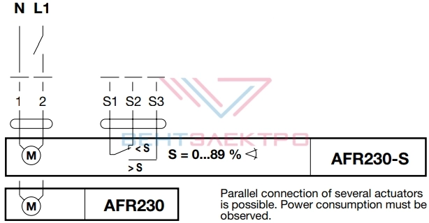 Схема электрического подключения электропривода AFR230 для воздушных заслонок со встроенной пружиной