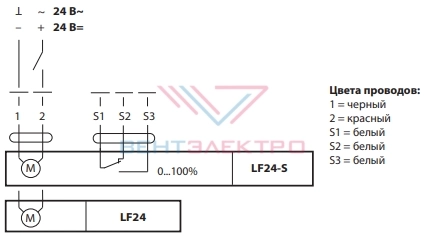 Схема электрического подключения электропривода LF24 для воздушных заслонок со встроенной пружиной