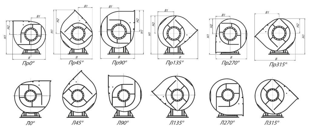 Радиальный вентилятор 
ВР 280-46-3,15 1,1 кВт 1000 об/мин схема №1 габаритные и присоединительные размеры, зависящие от положения корпуса