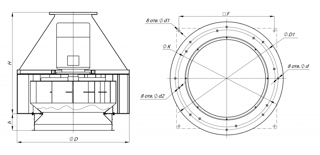 Крышный вентилятор ВКР-12,5 схема 1 30 кВт 750 об/мин габаритные размеры