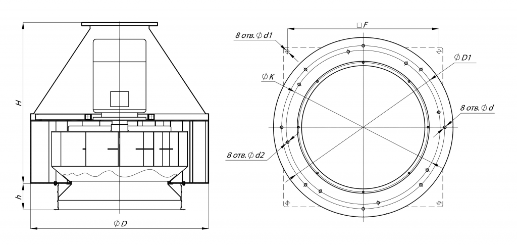 Крышный вентилятор ВКР-8 5,5 кВт 1000 об/мин габаритные размеры