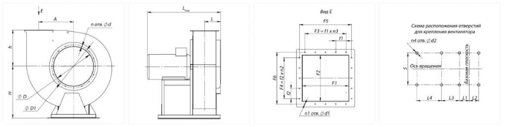 Радиальный вентилятор ВР 280-46-2,5 0,75 кВт 1500 об/мин схема №1 габаритные и присоединительные размеры