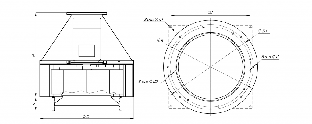 Габаритные и присоединительные размеры крышного вентилятора ВКРС-11,2 11 кВт 750 об/мин