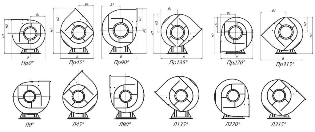 Радиальный вентилятор 
ВР 280-46-6,3 15 кВт 1000 об/мин схема №1 габаритные и присоединительные размеры, зависящие от положения корпуса