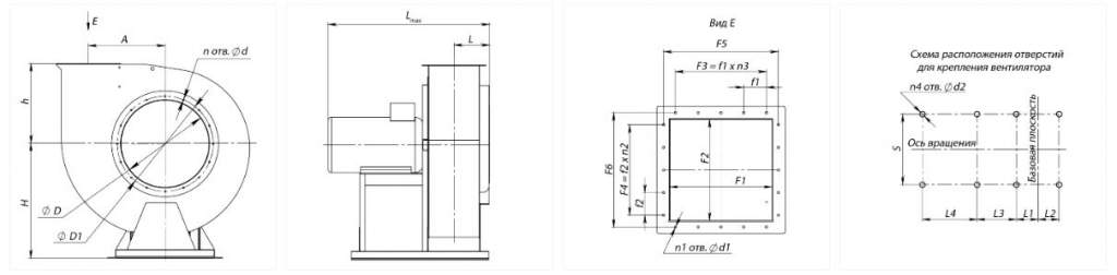 Радиальный вентилятор ВР 280-46-2 1,1 кВт 3000 об/мин схема №1 габаритные и присоединительные размеры