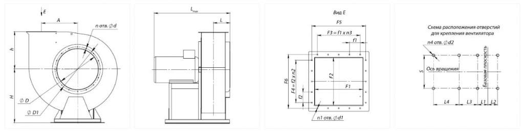 Радиальный вентилятор ВР 280-46-3,15 0,75 кВт 1000 об/мин схема №1 габаритные и присоединительные размеры